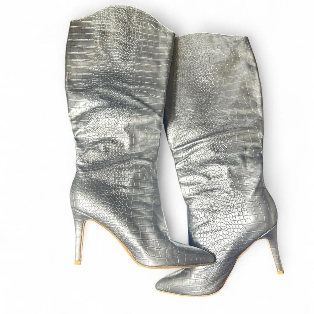Silver Croc-Embossed Heeled Boots - Picture 4 of 7